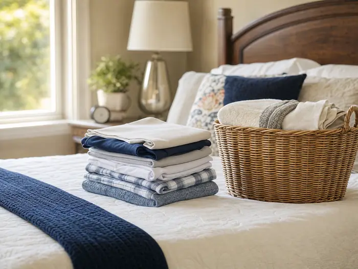 Folded laundry and a wicker basket on a made bed