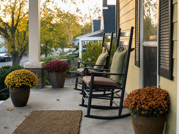 A front porch with rocking chairs and autumn mums