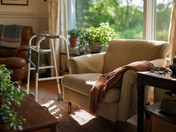 A walker beside an armchair by a sunny living-room window