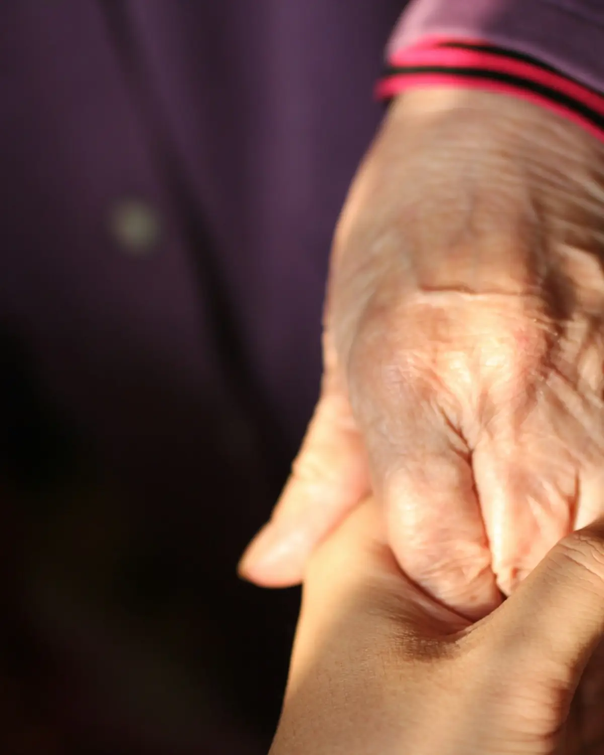 An older person's hand held in a younger person's hands